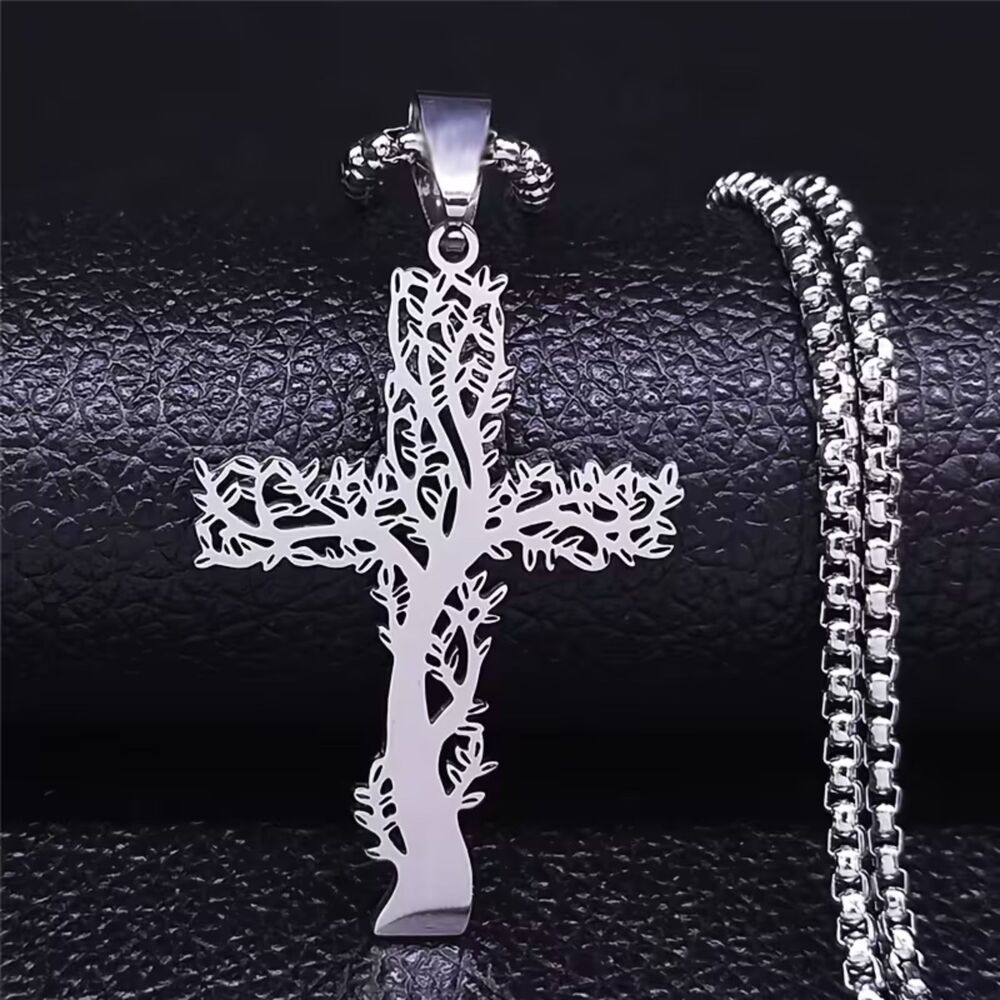 Stainless Tree of Life Cross Pendant Necklace Silver Chain Religious Spiritual